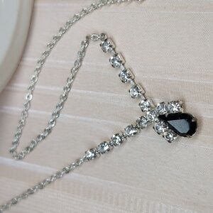 Rhinestone Necklace W/ Black Pear Shaped Center Stone Cocktail Formal Prom 18"